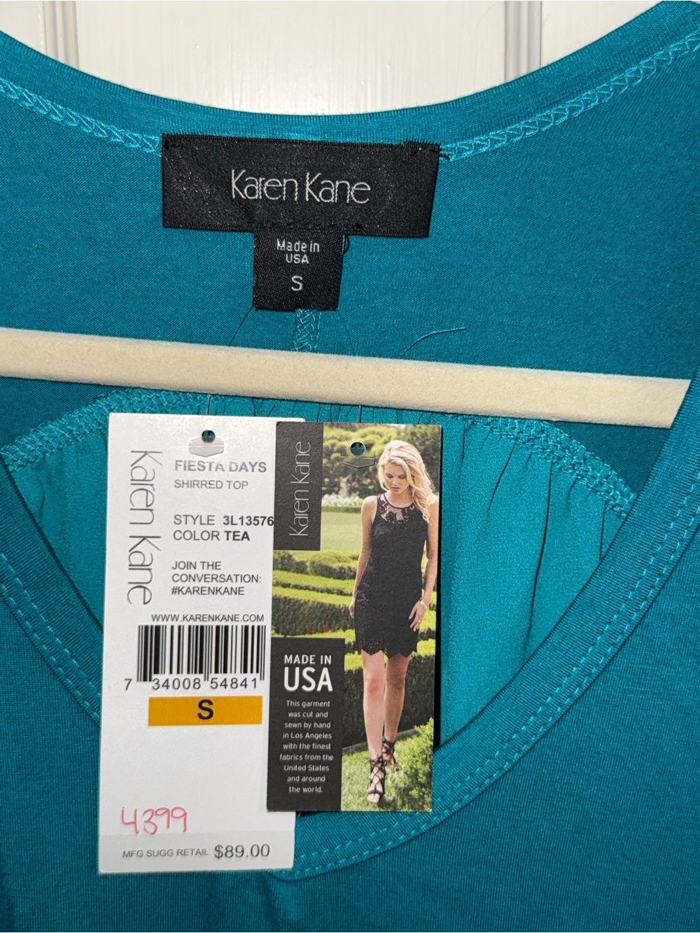 Karen Kane Teal V-Neck Shirred Contrast Knit Top